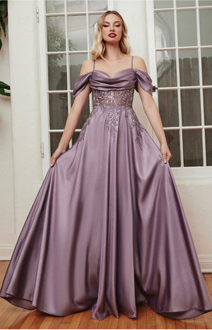 SATIN OFF THE SHOULDER A-LINE GOWN