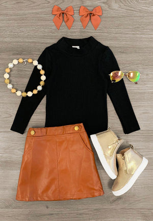 Brown Pleather Skirt Set