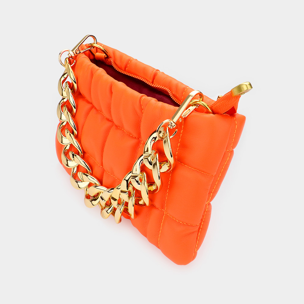 Faux Leather Padded Shoulder/Crossbody Bag With Chain Strap