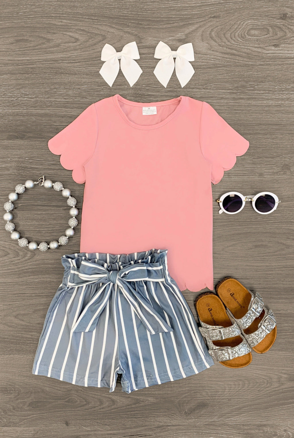 Blush Scallop Striped Tie Short Set