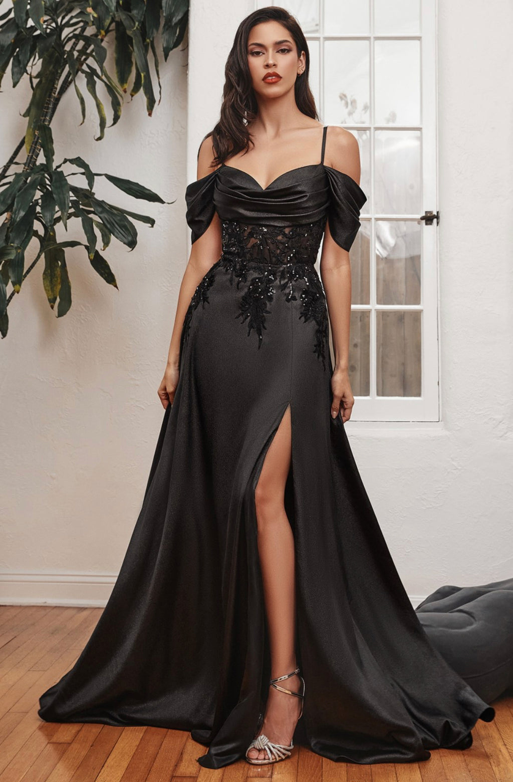 SATIN OFF THE SHOULDER A-LINE GOWN