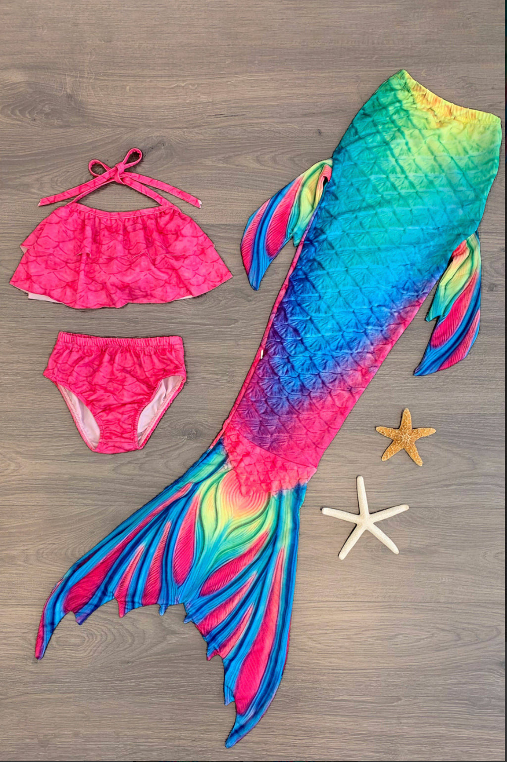 Pink & Rainbow Ombre Scales Mermaid Swimsuit Set - INCLUDES TOP, BOTTOM & TAIL