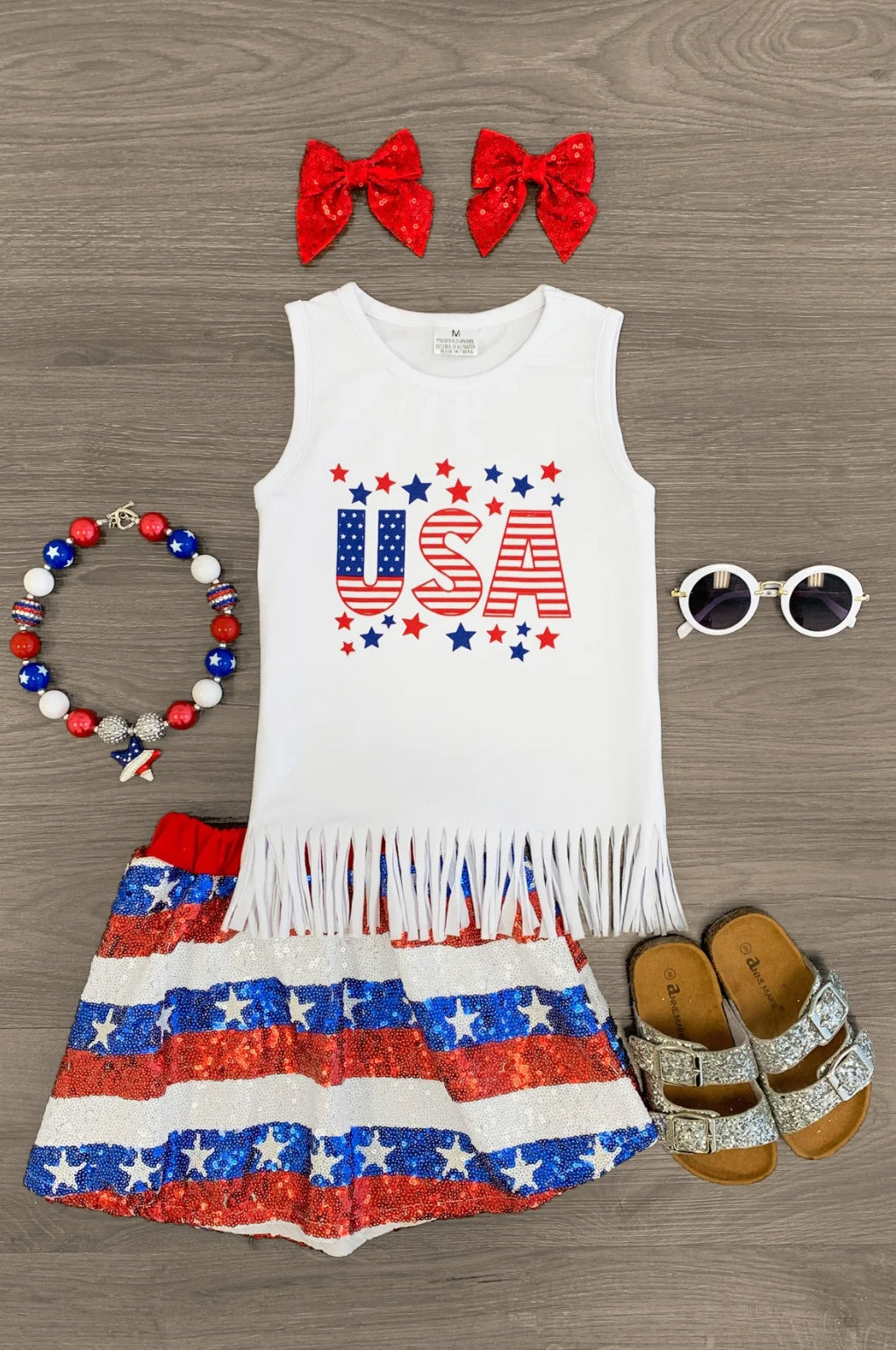 USA Fringe Tank Top Sequin Skirt Set