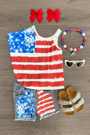 American Flag One Shoulder Denim Short Set