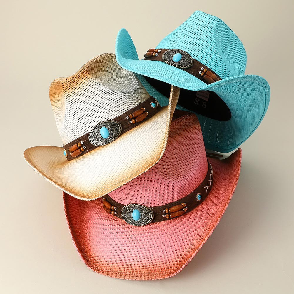 Turquoise Stone Pointed Wooden Beaded Band Western Straw Cowboy Fedora Hat