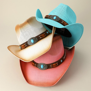 Turquoise Stone Pointed Wooden Beaded Band Western Straw Cowboy Fedora Hat