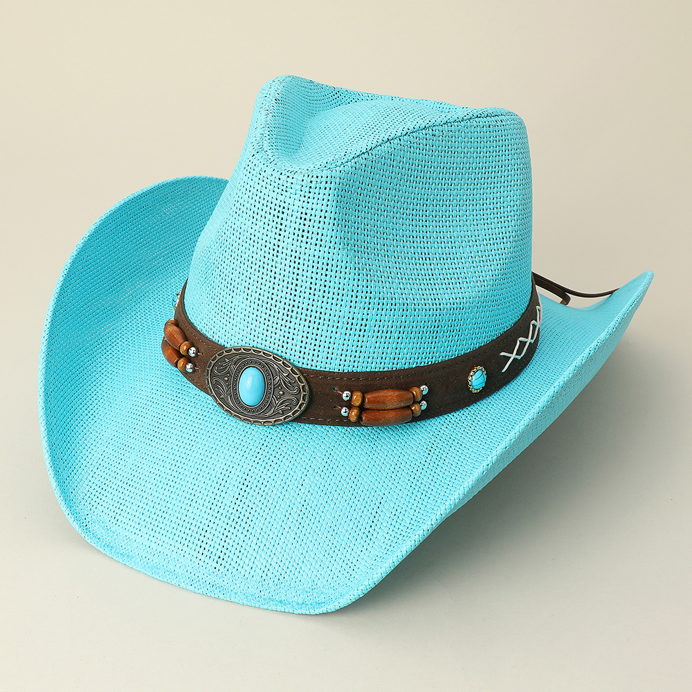 Turquoise Stone Pointed Wooden Beaded Band Western Straw Cowboy Fedora Hat