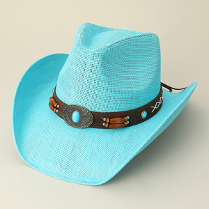 Turquoise Stone Pointed Wooden Beaded Band Western Straw Cowboy Fedora Hat