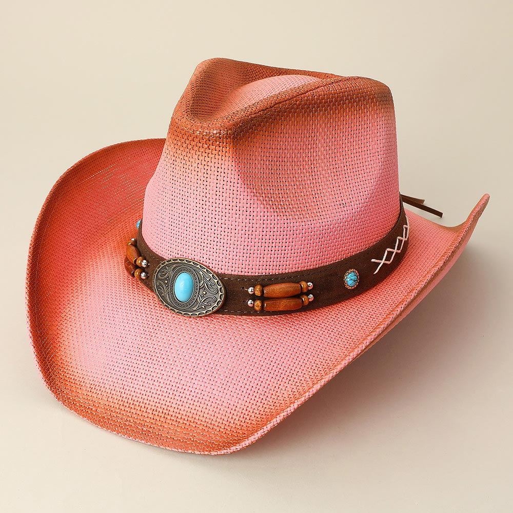 Turquoise Stone Pointed Wooden Beaded Band Western Straw Cowboy Fedora Hat