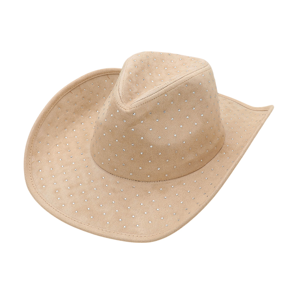 Rhinestone Embellished Faux Suede Western Cowboy Fedora Hat