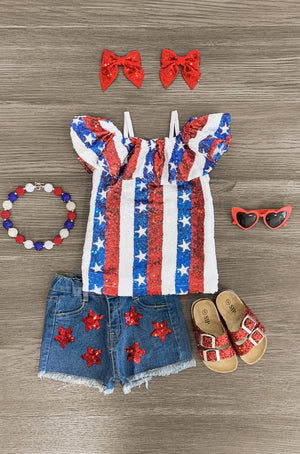 American Sequin Stars & Stripes Denim Short Set