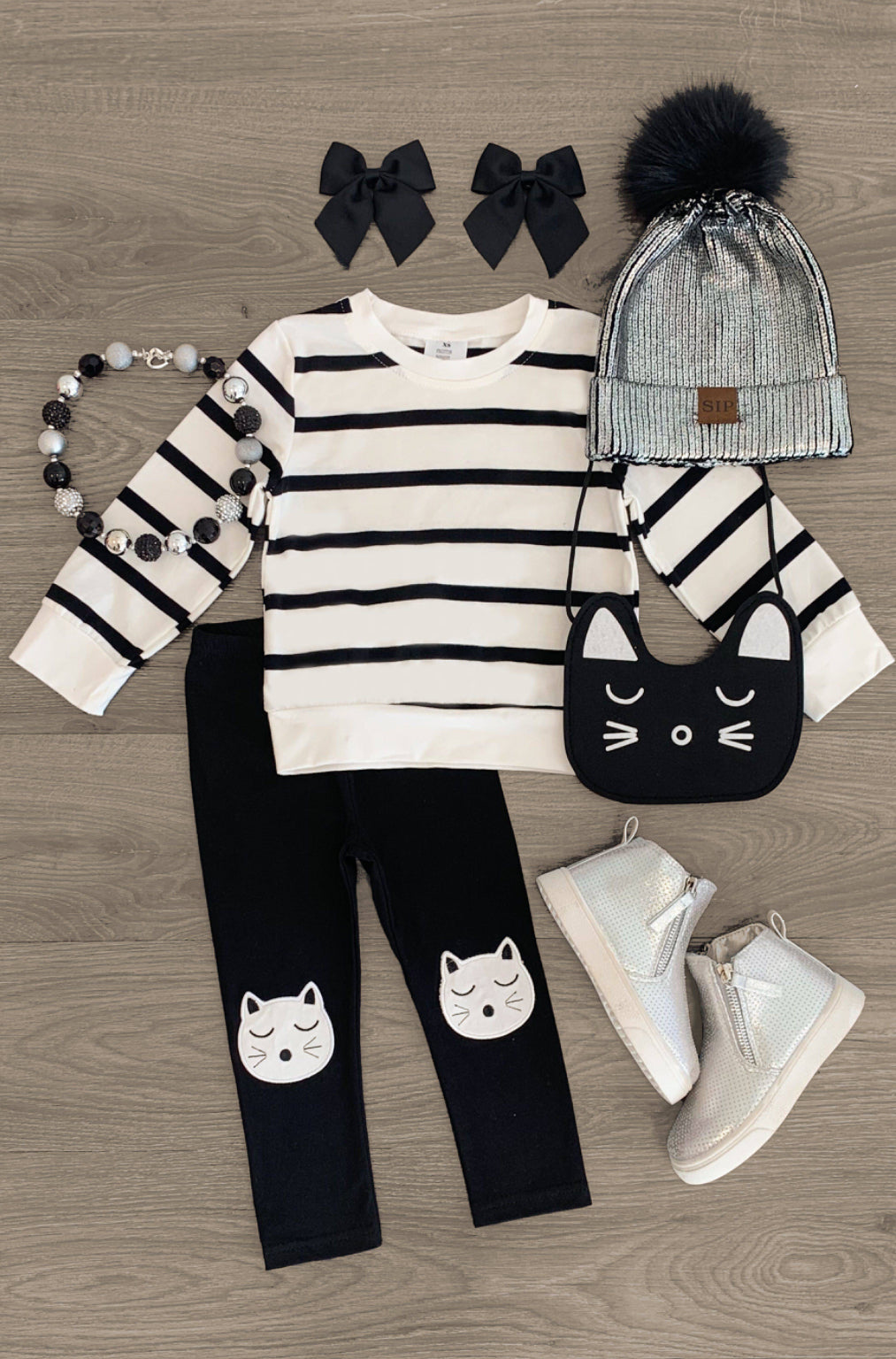 Black & White Striped Cat Legging Set