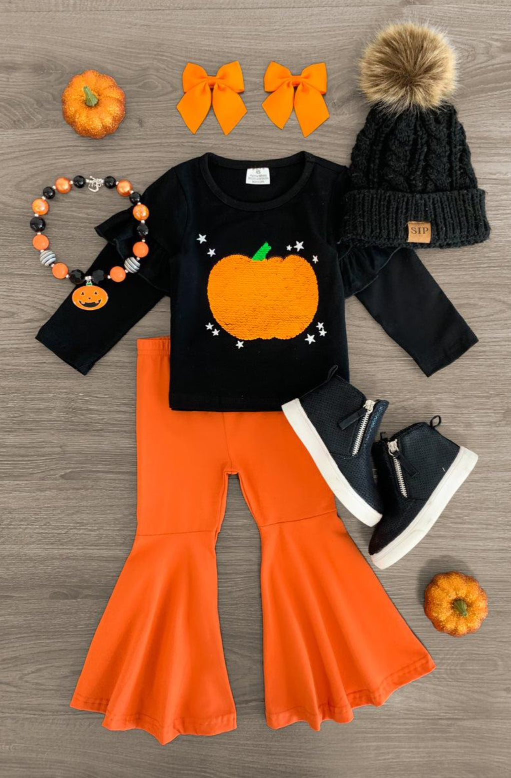 Orange Sequin Pumpkin Bell Bottom Set