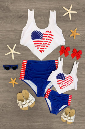 Mom & Me - American Flag Heart Bikini