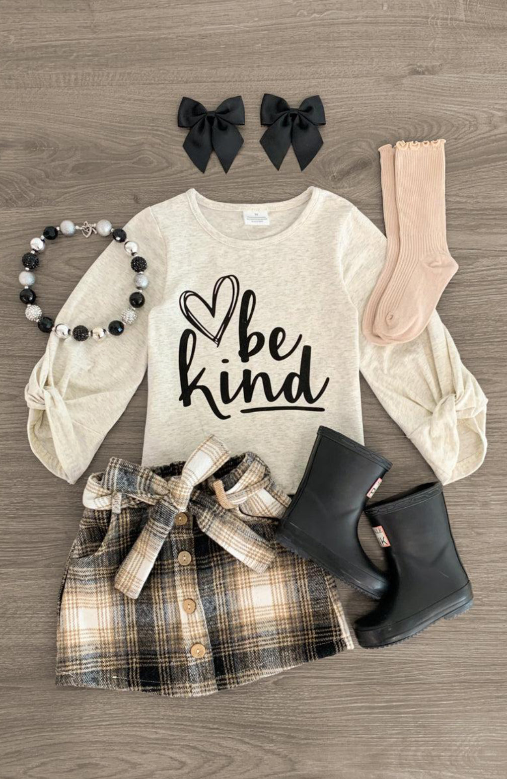 Be Kind" Cream & Plaid Skirt Set