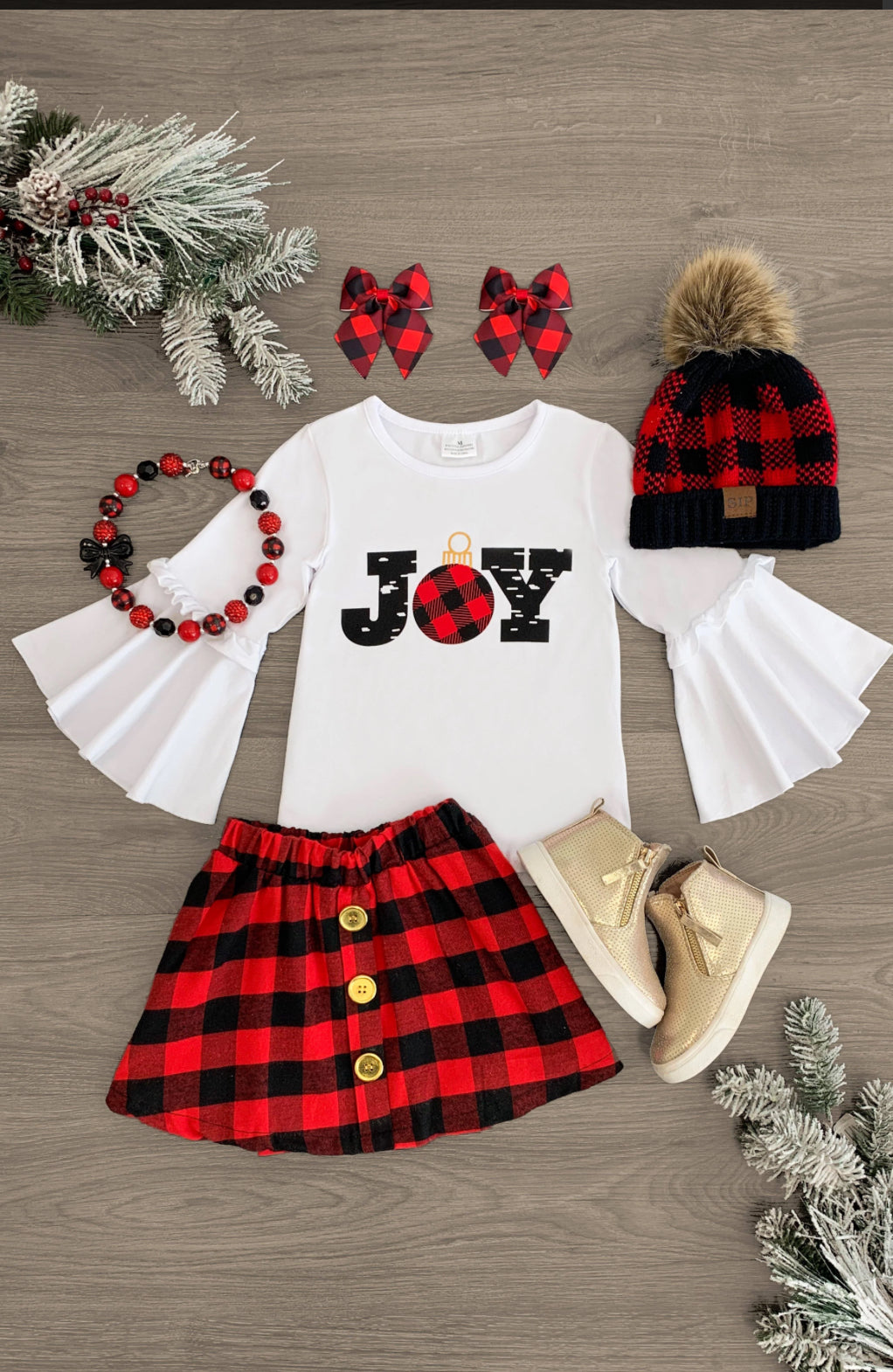 "Joy" White & Plaid Holiday Skirt Set