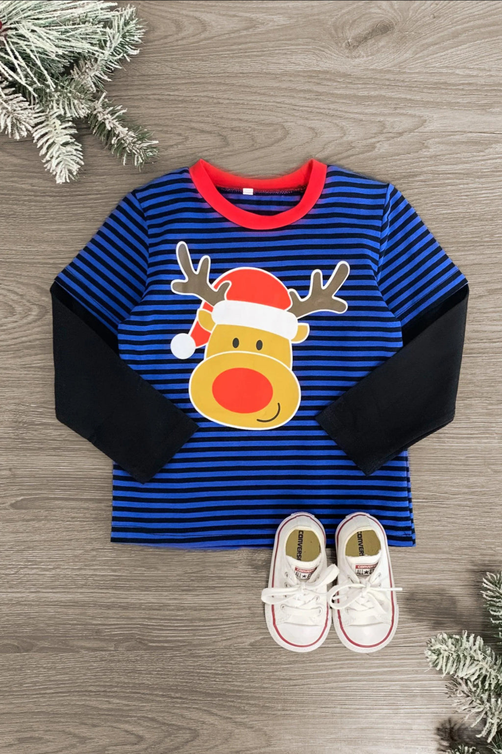 Blue Striped Rudolph Top