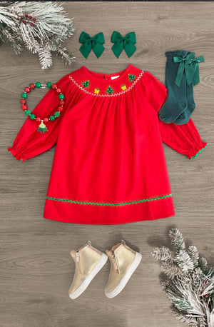 Red Embroidered Christmas Tree Dress