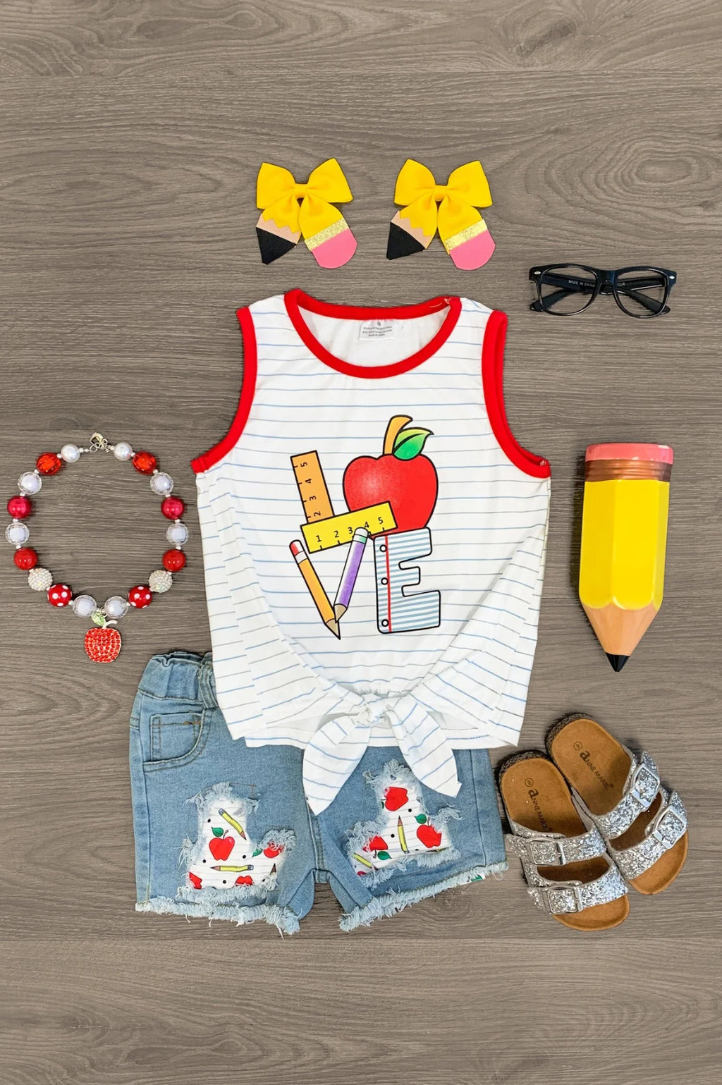 Love" School Tie Top Distressed Denim Short Set