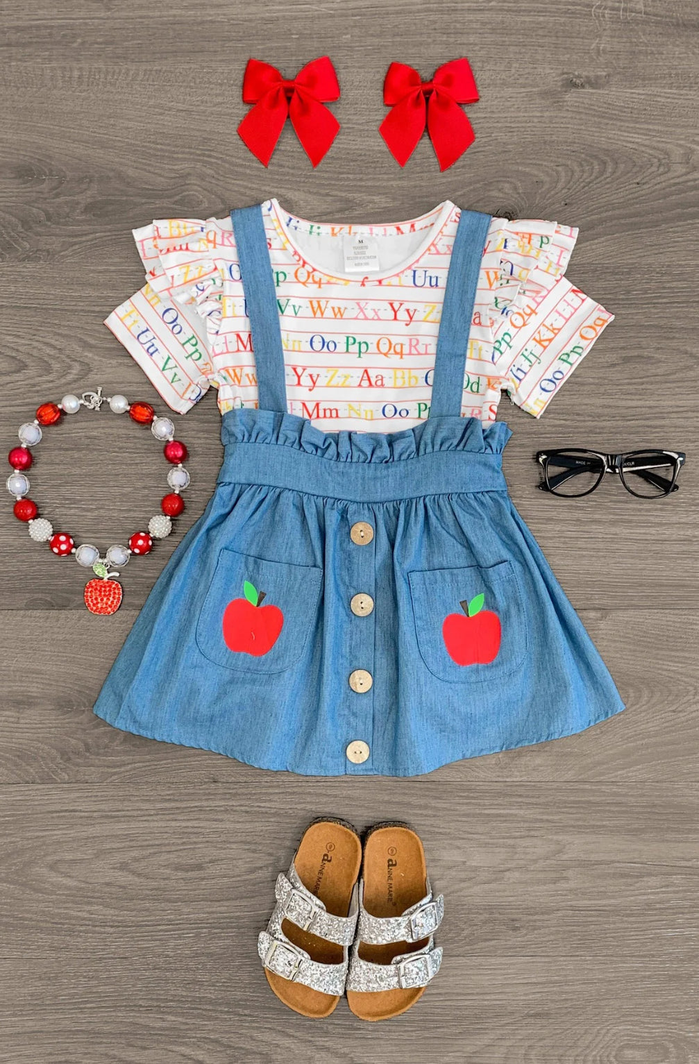 Alphabet Denim Suspender Skirt Set