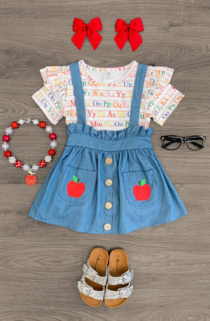 Alphabet Denim Suspender Skirt Set