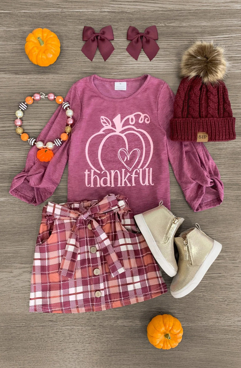 Thankful Plum Plaid Skirt Set