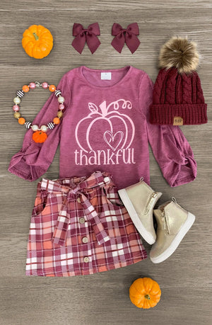 Thankful Plum Plaid Skirt Set