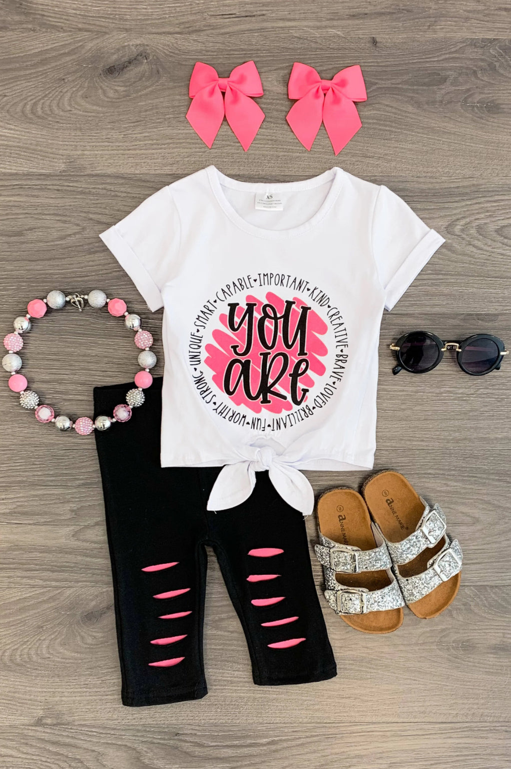 "You Are..." Black, White & Pink Tie Top Legging Set