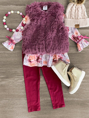 Plum Floral Fur Vest Set - 3 Piece