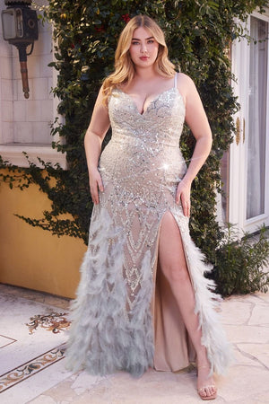 Beaded Mermaid Gown With Feather Detail