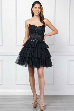 Short A-Line Ruffled Layered Tulle Skirt Strapless Scoop