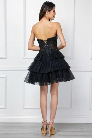 Short A-Line Ruffled Layered Tulle Skirt Strapless Scoop