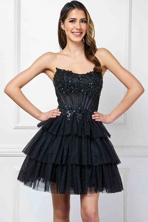 Short A-Line Ruffled Layered Tulle Skirt Strapless Scoop