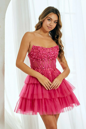 Short A-Line Ruffled Layered Tulle Skirt Strapless Scoop