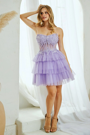 Short A-Line Ruffled Layered Tulle Skirt Strapless Scoop