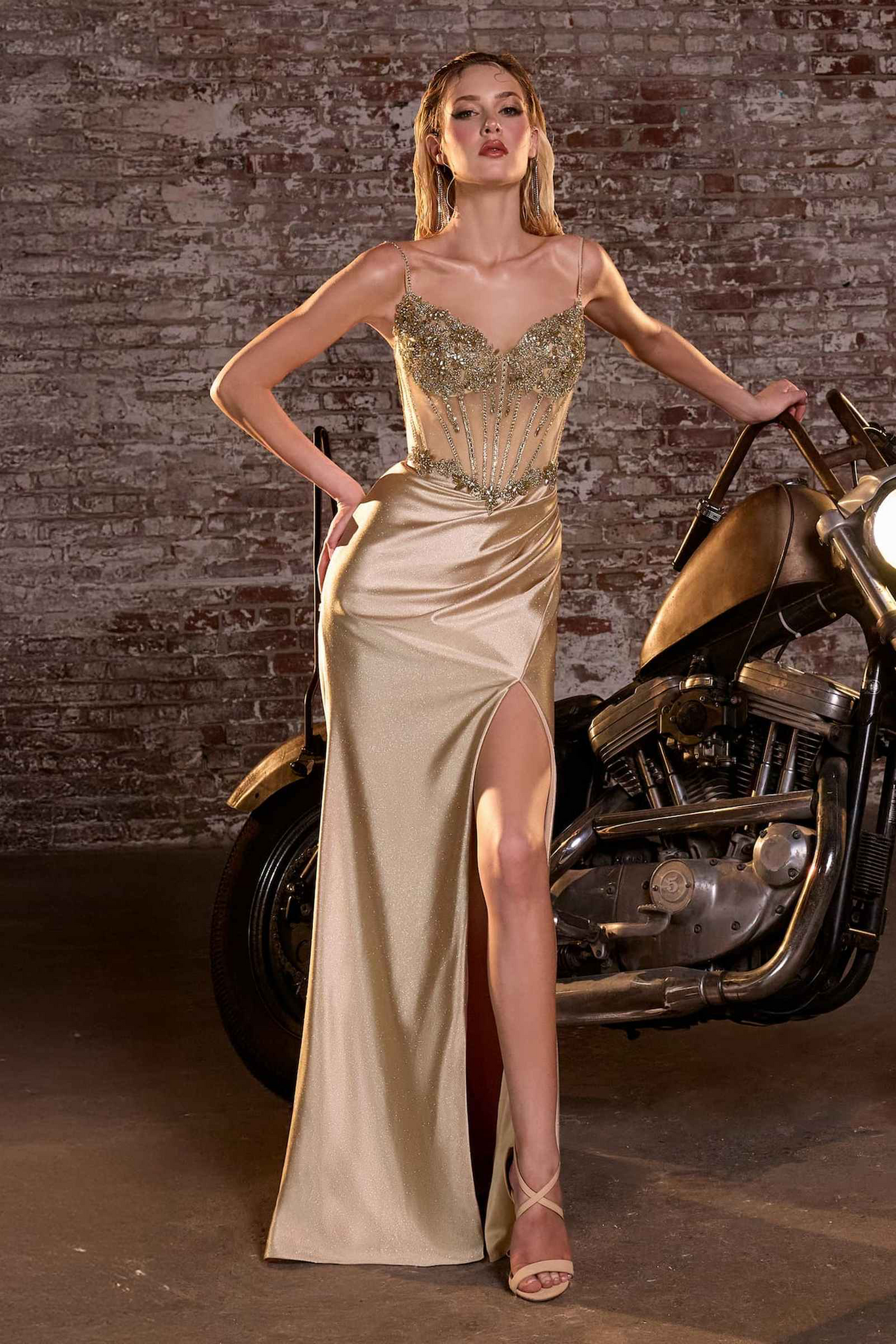 Long Satin Fitted Gown Boned Embellished Bodice Slit