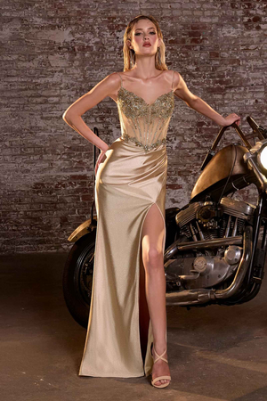 Long Satin Fitted Gown Boned Embellished Bodice Slit