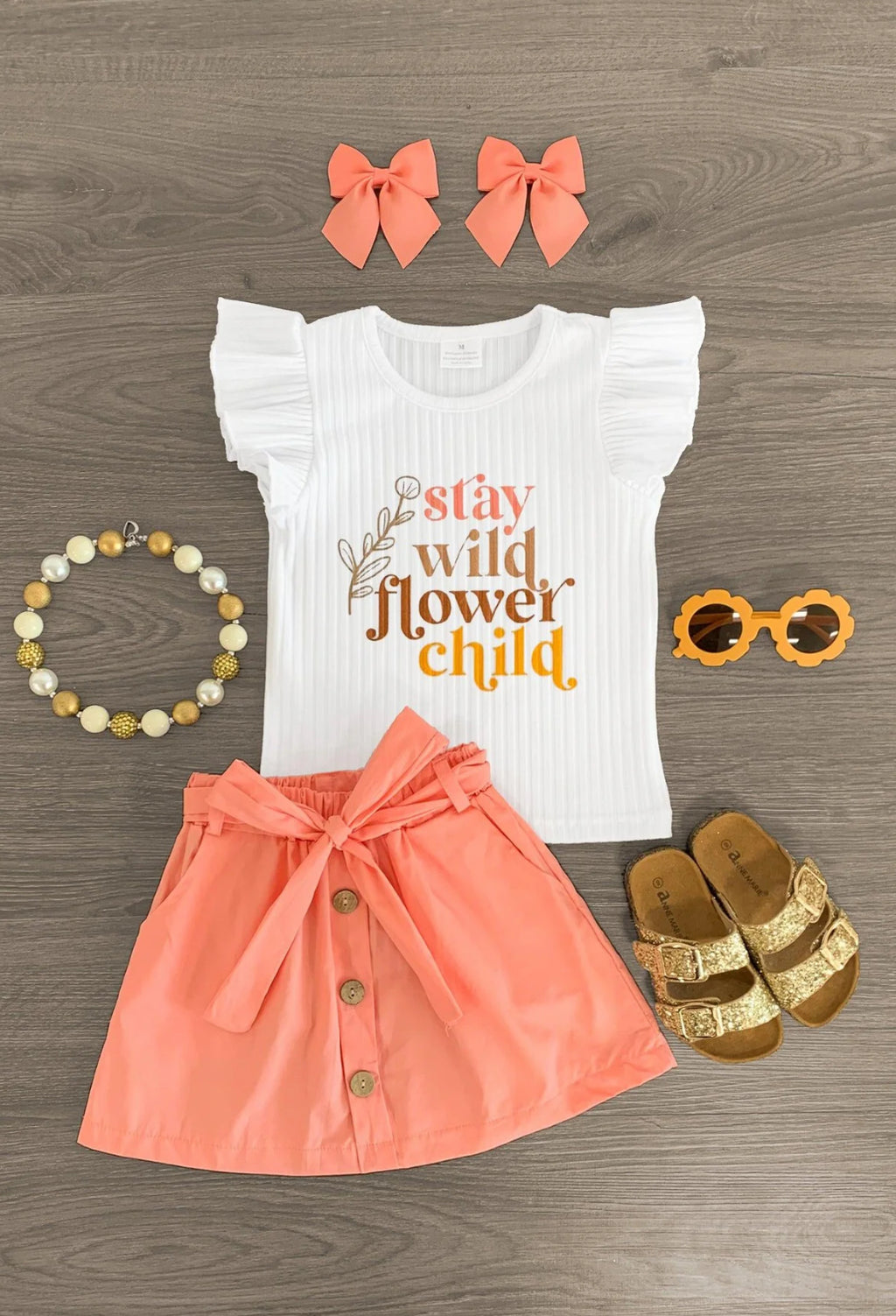 Stay Wild Flower Child" White & Coral Skirt Set