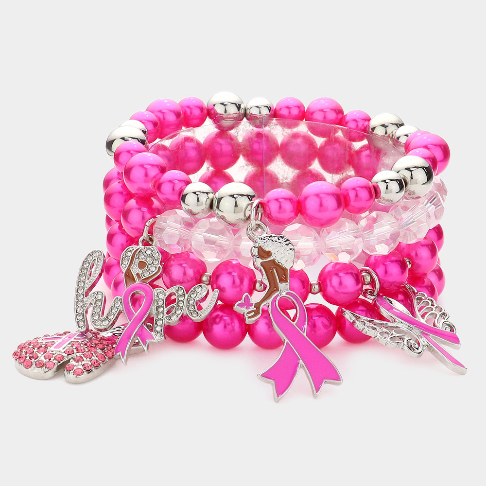 Pink Ribbon Pointed Glove Afro Girl Angel Wing Hope Message Afro Girl Charm Faceted Beaded Stretch Bracelets