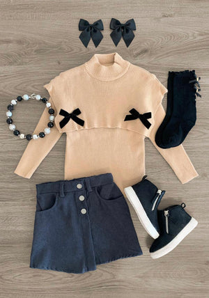 Bow Sweater Corduroy Skirt Set