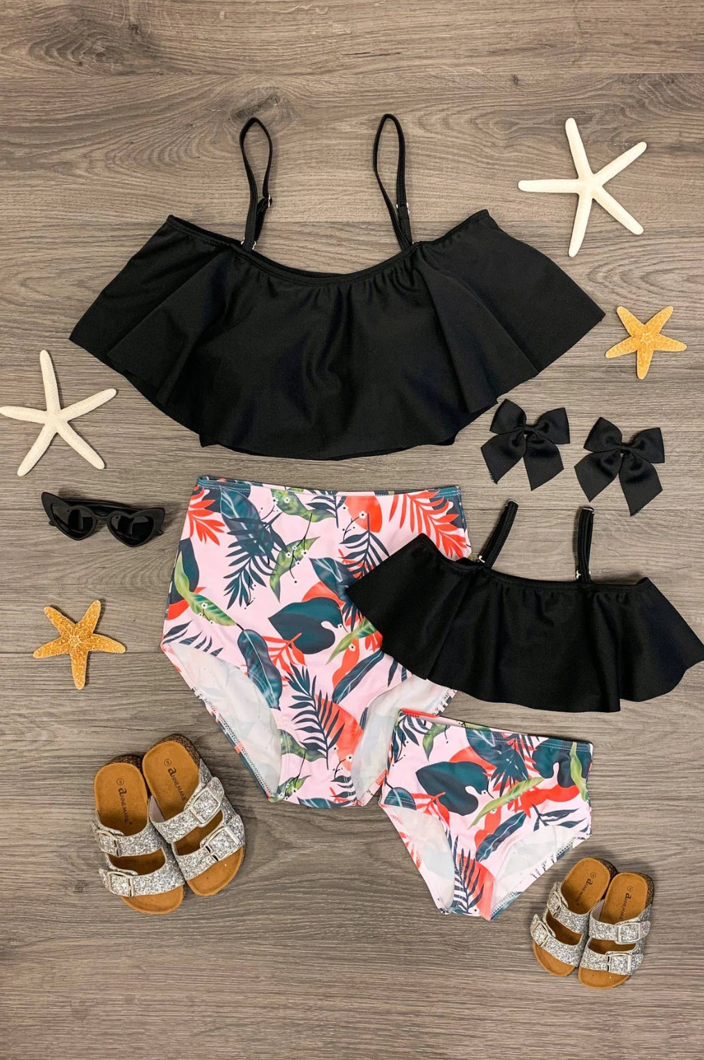 Mom & Me - Black & Floral Ruffle Bikini