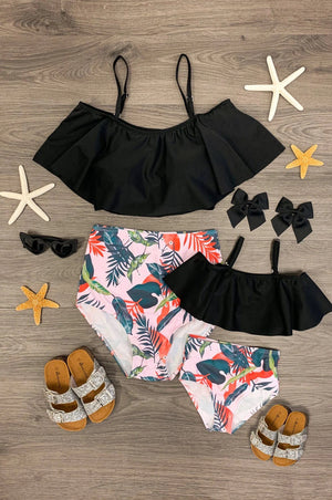 Mom & Me - Black & Floral Ruffle Bikini