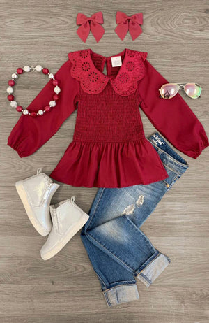 Eyelet Lace Collar Peplum Top