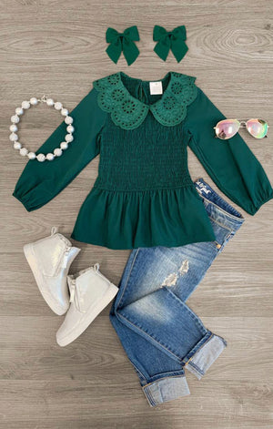 Eyelet Lace Collar Peplum Top