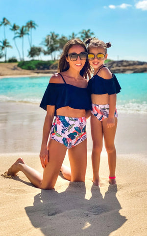 Mom & Me - Black & Floral Ruffle Bikini