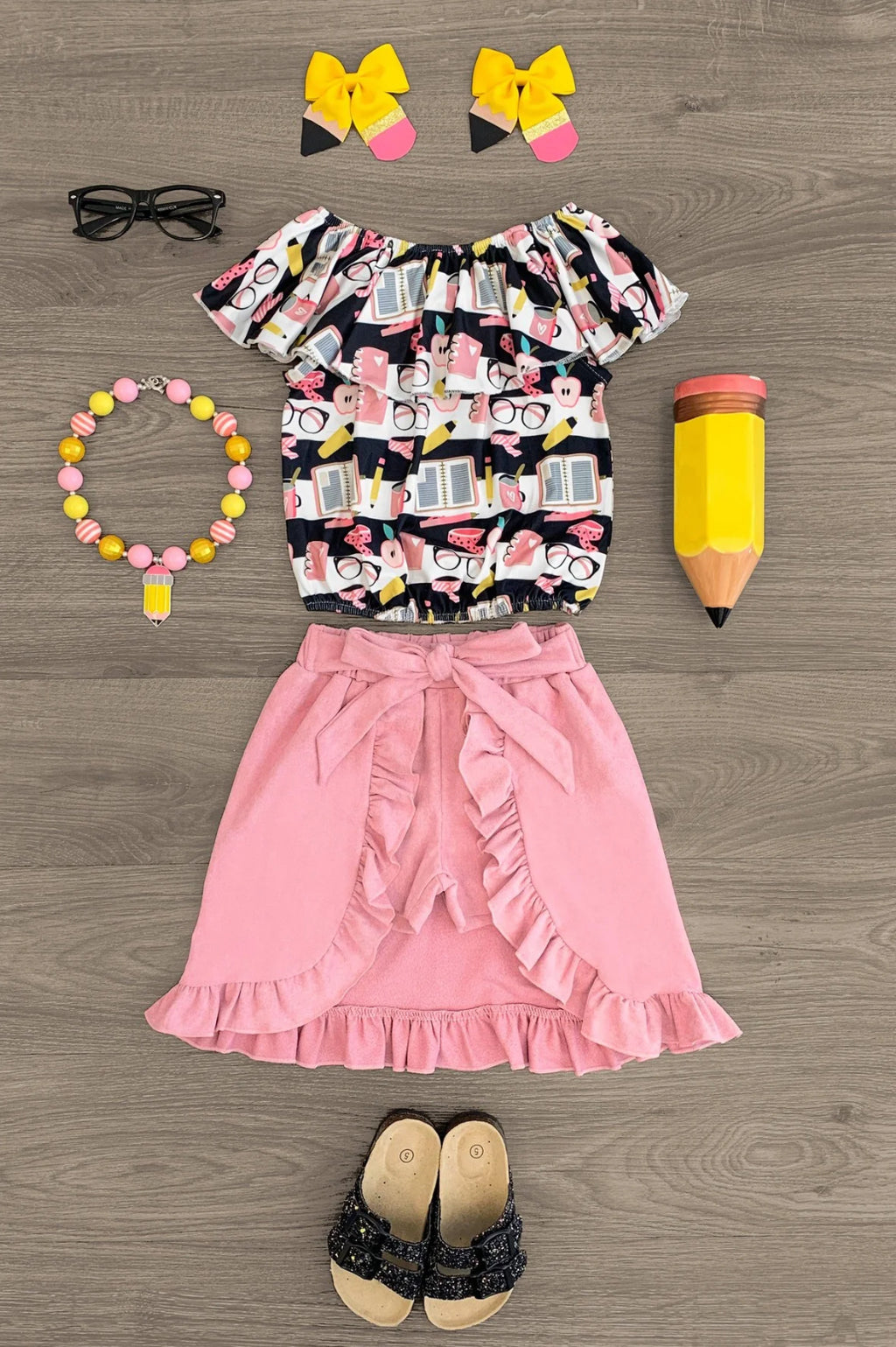 School Supplies Tie Suede Skort Set