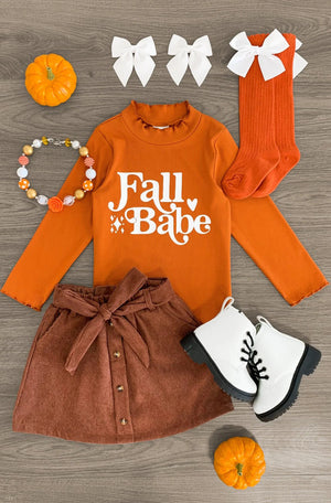 Fall Babe" Orange & Brown Corduroy Skirt Set