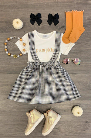 Pumpkin" Gingham Suspender Skirt Set