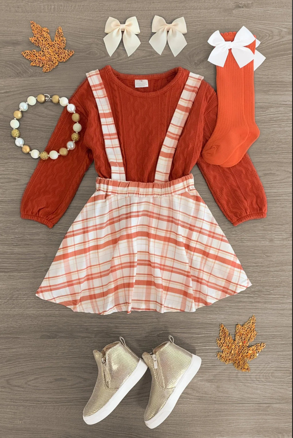 Orange Knit Sweater Plaid Suspender Skirt Set