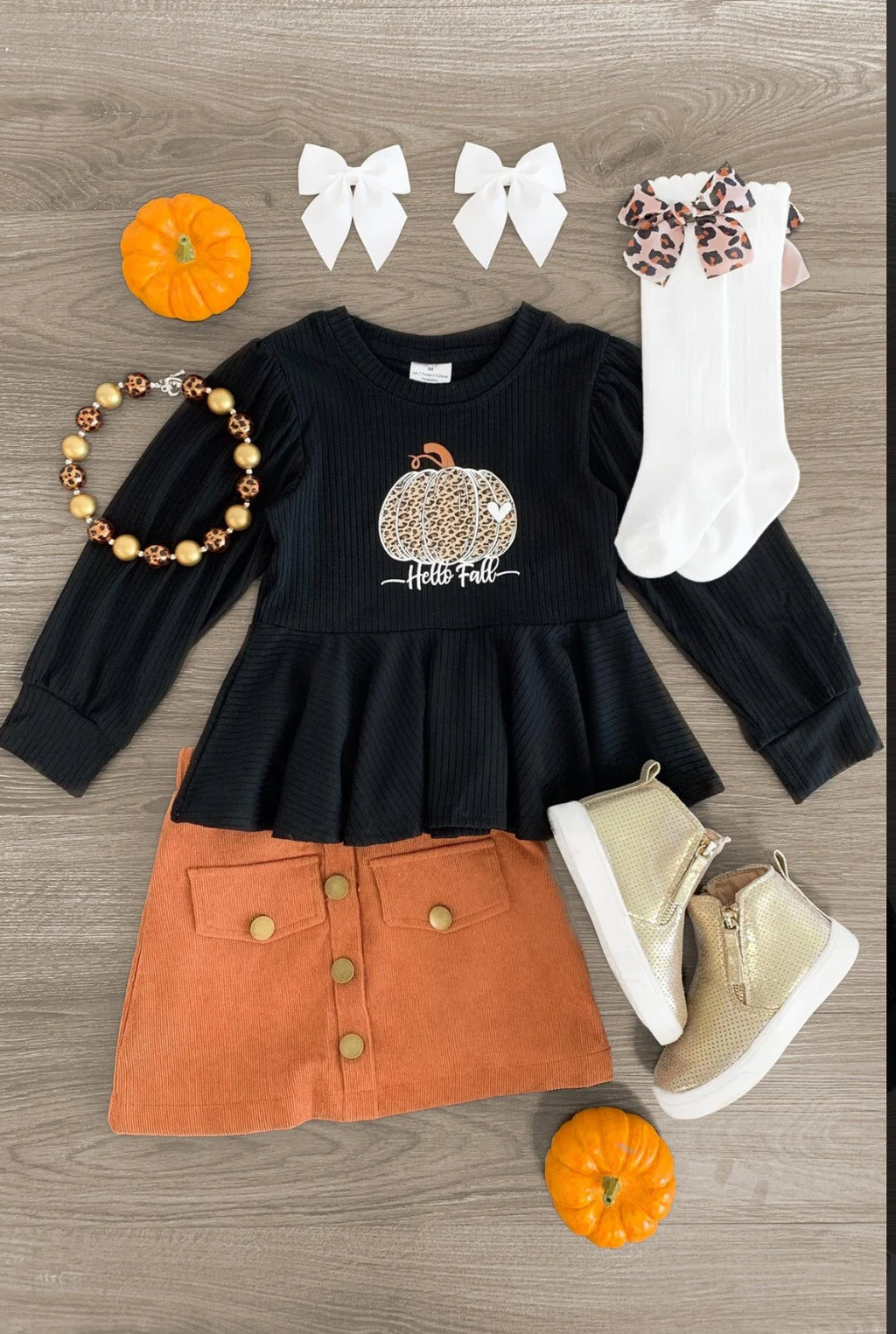 Hello Fall" Black & Rust Corduroy Skirt Set